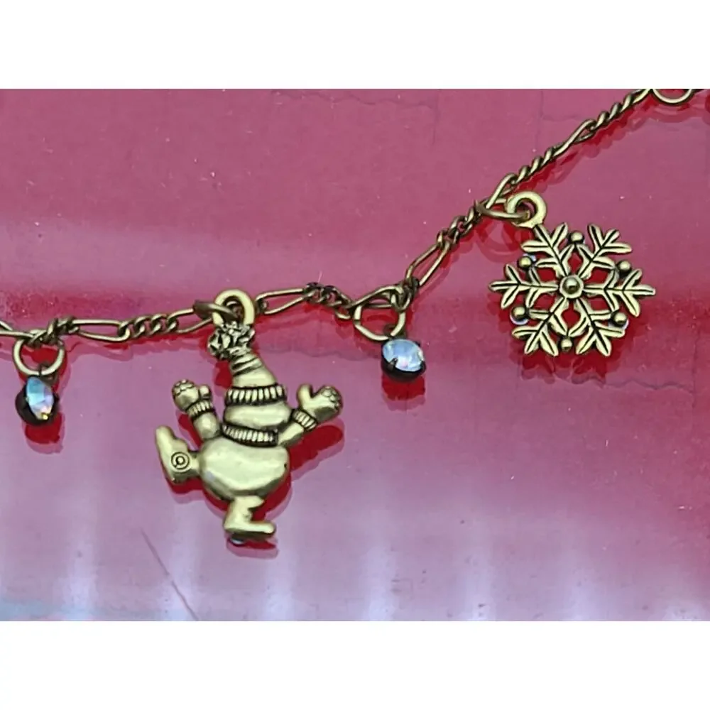 Vintage Anne Koplik Snowman & Snowflake Charm Necklace Antique Gold Tone Chain - Picture 5 of 6